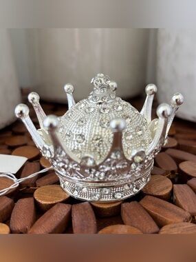 Hobby Lobby Metal Crown Jewelry Box,rhinestones,hinge opening,enamel interior